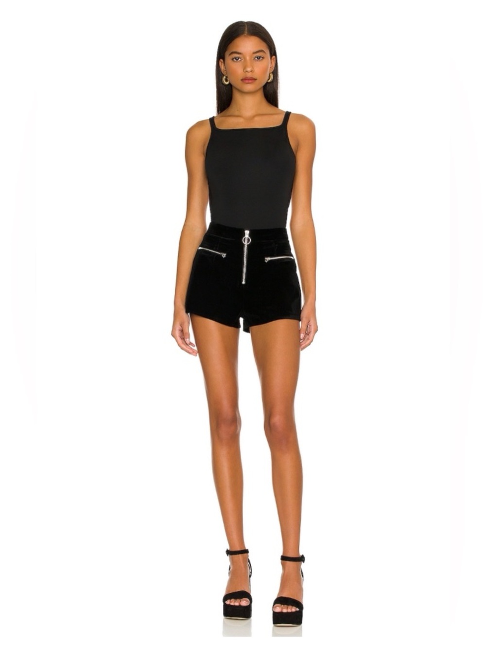 SUPERDOWN Revolve Black Velvet Hot Pants Shorts Silver Zippers High Waist Medium